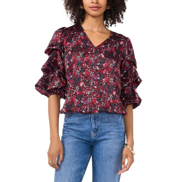 Vince Camuto Tops - Vince Camuto Women's Printed V-Neck Bubble Sleeve Top Black Red Size XL MSRP $89